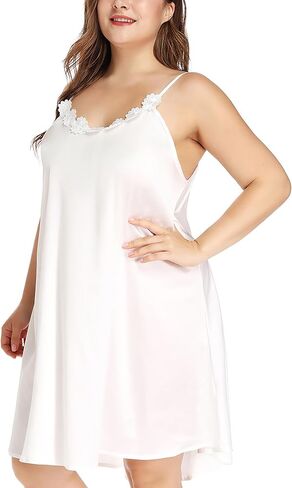 Women's Plus Size Silk Nightgown Sleeveless Chemise Slip Lingerie Sleepwear with Floral Neckline in Kuwait