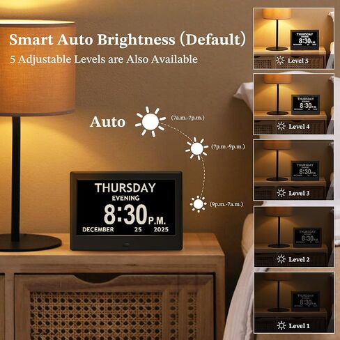 7'' Dementia Clock For Seniors, Large Display Digital Clock With Date, Time, Day Of Week for Elderly, Alzheimer, 1024*600P HD, 10 Reminders & 6 Alarms, Auto Dimming & DST, Remote Control, Brown in Saudi Arabia