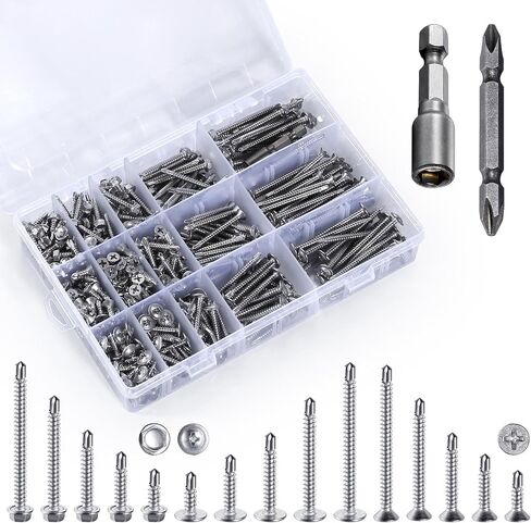 440 Pcs 410 Stainless Steel Sheet Metal Self-Tapping Screws Combination Set with Flat Head, Large Flat Head and Hexagon Head Screws in Saudi Arabia