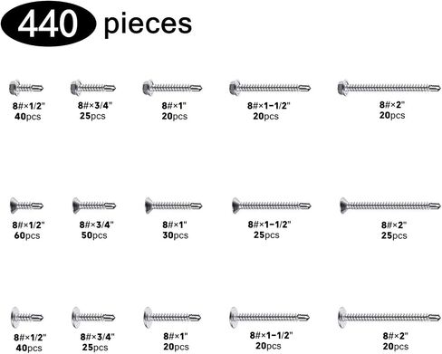 440 Pcs 410 Stainless Steel Sheet Metal Self-Tapping Screws Combination Set with Flat Head, Large Flat Head and Hexagon Head Screws in Saudi Arabia