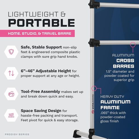 VITA Barre Portable Freestanding Double Ballet Barre, Prodigy, Aluminum | Adjustable Height, USA Made, Home or Gym Exercise Equipment for Kids & Adults | Dance, Fitness, Pilates in Saudi Arabia