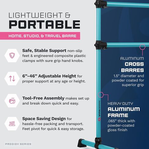 VITA Barre Portable Freestanding Double Ballet Barre, Prodigy, Aluminum | Adjustable Height, USA Made, Home or Gym Exercise Equipment for Kids & Adults | Dance, Fitness, Pilates in Saudi Arabia