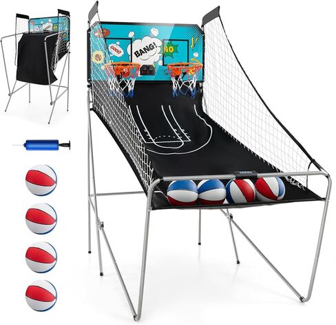 GYMAX Arcade Basketball Game Indoor Foldable with 8 Game Modes, Arcade Sound, 4 Balls and Inflation Pump, Electronic Basketball Games for All Ages Home in Saudi Arabia
