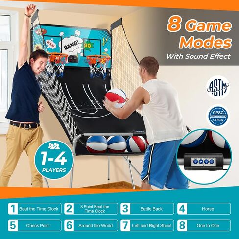 GYMAX Arcade Basketball Game Indoor Foldable with 8 Game Modes, Arcade Sound, 4 Balls and Inflation Pump, Electronic Basketball Games for All Ages Home in Saudi Arabia