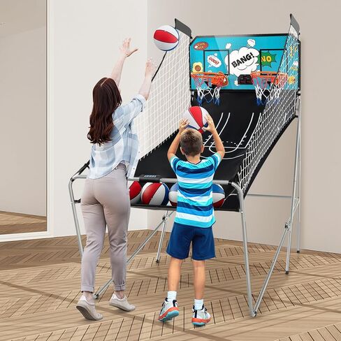 GYMAX Arcade Basketball Game Indoor Foldable with 8 Game Modes, Arcade Sound, 4 Balls and Inflation Pump, Electronic Basketball Games for All Ages Home in Saudi Arabia