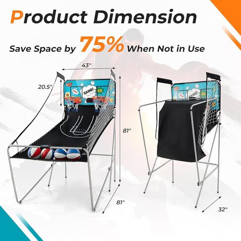 GYMAX Arcade Basketball Game Indoor Foldable with 8 Game Modes, Arcade Sound, 4 Balls and Inflation Pump, Electronic Basketball Games for All Ages Home in Saudi Arabia