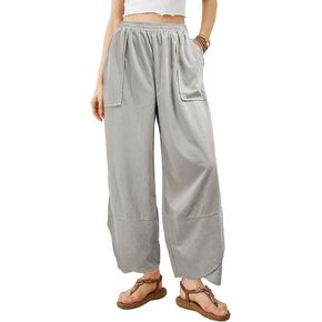 Women's Casual Baggy Wide Leg Pants - Elastic Waist Plue Szie Lightweight Lounge Barrel Beach Pant with Pockets in Kuwait