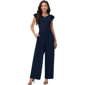 Women's Summer Dressy Jumpsuits Crew Neck Ruffle Cap Sleeves Rompers High Waist Wide Leg Jumpsuits with Pockets in Kuwait