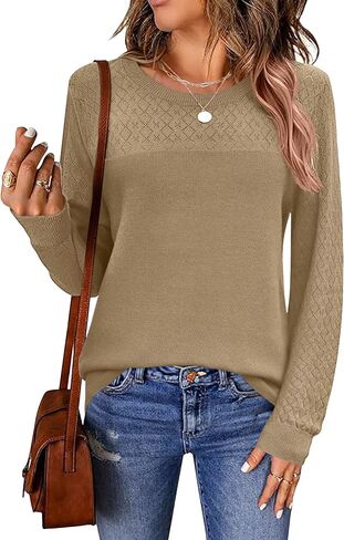 LOMON Sweaters for Women Casual Knit Long Sleeve Crewneck Lightweight Pullover Sweater Womens Hollow Out Tops for Women in Saudi Arabia
