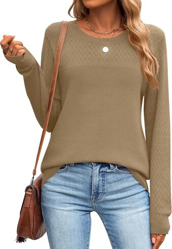 LOMON Sweaters for Women Casual Knit Long Sleeve Crewneck Lightweight Pullover Sweater Womens Hollow Out Tops for Women in Saudi Arabia