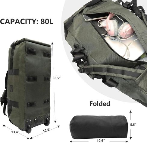 80L Rolling Duffle Bag with Wheels - 31" Heavy-Duty Foldable Travel Duffel Bag, Water-Resistant Wheeled Luggage with Shoulder Straps & Pockets for Camping, Gym, Airplane (Black) in Saudi Arabia