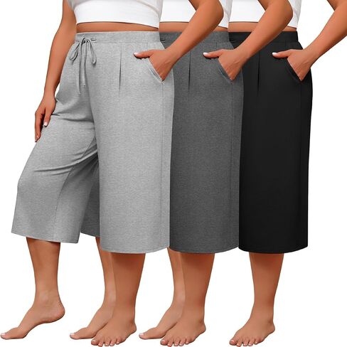 Huukeay 3 Pack Women's Plus Size Capri Pants, Wide Leg Drawstring Elastic Waist Yoga Pants Loose Cropped Trouser with Pockets in Saudi Arabia