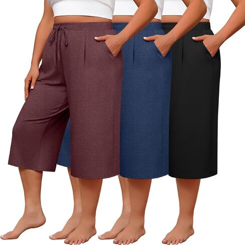 Huukeay 3 Pack Women's Plus Size Capri Pants, Wide Leg Drawstring Elastic Waist Yoga Pants Loose Cropped Trouser with Pockets in Saudi Arabia