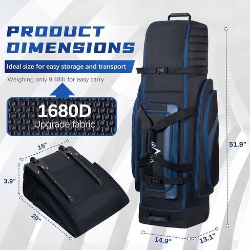 Soft-Sided Golf Travel Bag Cover with Wheels, 1680D Material with Padded Head and Leather Accents, Foldable Travel Golf Bags for Airlines in Saudi Arabia