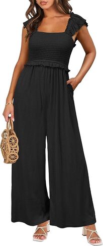 OUGES Jumpsuits for Women Casual Summer Overalls Ruffled Sleeve Strap Wide Leg Pant Rompers with Pockets in Saudi Arabia