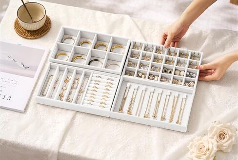 Velvet Jewelry Drawer Organizer Trays – Stackable Jewelry Organizer Storage Inserts Set, 4-Layer Jewelry Tray Set for Earrings, Rings, Necklaces, Bracelets with Removable Dividers for Dresser & Vanity in Kuwait
