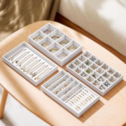 Velvet Jewelry Drawer Organizer Trays – Stackable Jewelry Organizer Storage Inserts Set, 4-Layer Jewelry Tray Set for Earrings, Rings, Necklaces, Bracelets with Removable Dividers for Dresser & Vanity in Kuwait
