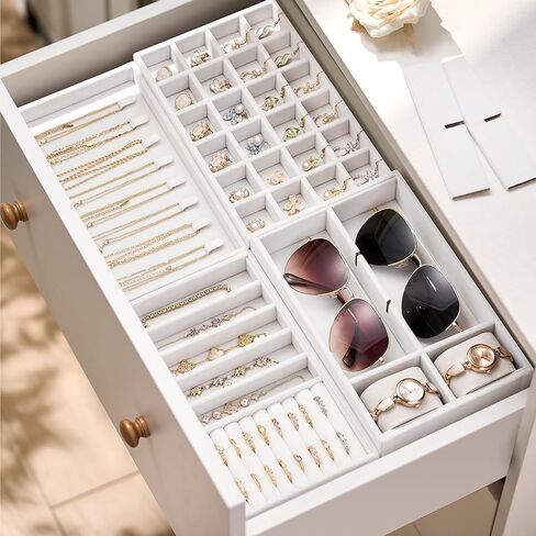 Velvet Jewelry Drawer Organizer Trays – Stackable Jewelry Organizer Storage Inserts Set, 4-Layer Jewelry Tray Set for Earrings, Rings, Necklaces, Bracelets with Removable Dividers for Dresser & Vanity in Kuwait