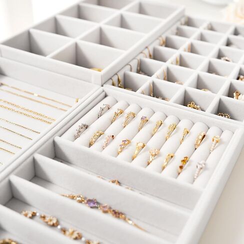 Velvet Jewelry Drawer Organizer Trays – Stackable Jewelry Organizer Storage Inserts Set, 4-Layer Jewelry Tray Set for Earrings, Rings, Necklaces, Bracelets with Removable Dividers for Dresser & Vanity in Kuwait