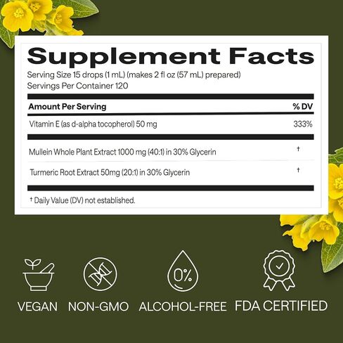 Mullein Drops for Lungs - 3-in-1 Lung Support Supplement with Turmeric, Vitamin E, & Mullein Leaf Extract for Lungs Cleanse & Detox - Alternative to Tincture, Tea, Pills - 4.06 Fl Oz in Saudi Arabia