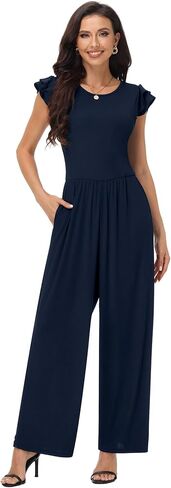 Women's Summer Dressy Jumpsuits Crew Neck Ruffle Cap Sleeves Rompers High Waist Wide Leg Jumpsuits with Pockets in Kuwait