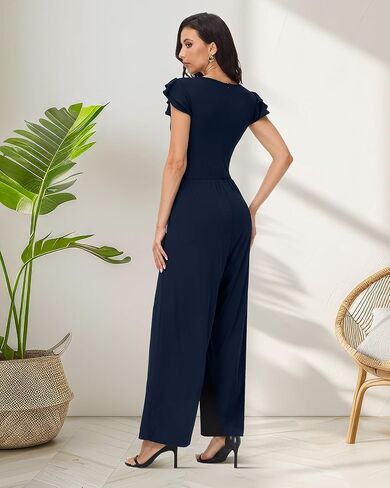 Women's Summer Dressy Jumpsuits Crew Neck Ruffle Cap Sleeves Rompers High Waist Wide Leg Jumpsuits with Pockets in Kuwait