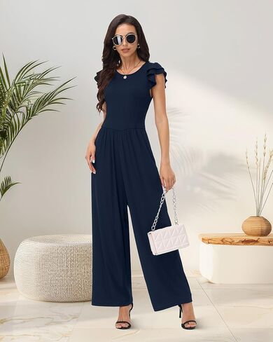 Women's Summer Dressy Jumpsuits Crew Neck Ruffle Cap Sleeves Rompers High Waist Wide Leg Jumpsuits with Pockets in Kuwait