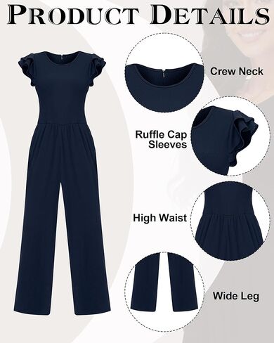 Women's Summer Dressy Jumpsuits Crew Neck Ruffle Cap Sleeves Rompers High Waist Wide Leg Jumpsuits with Pockets in Kuwait