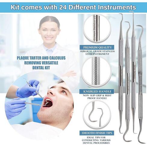A2Z 24pc Dental Hygiene Kit - Calculus & Plaque Remover Dental Tool Set - Tarter Scraper, Tooth Picks Probes, Scalers & Mouth Mirror - O.R Grade Stainless Steel Dentist Oral Care Professional Tools in Saudi Arabia