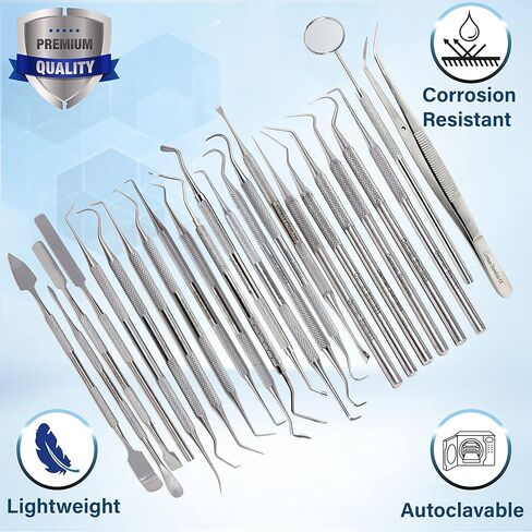 A2Z 24pc Dental Hygiene Kit - Calculus & Plaque Remover Dental Tool Set - Tarter Scraper, Tooth Picks Probes, Scalers & Mouth Mirror - O.R Grade Stainless Steel Dentist Oral Care Professional Tools in Saudi Arabia