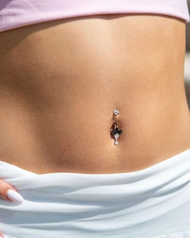COCHARM Black Lotus Belly Button Rings, 14G Gold Dangle Belly Navel Rings for Women, Stainless Steel Belly Navel Piercing Jewelry in Kuwait