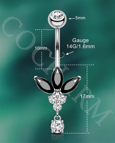 COCHARM Black Lotus Belly Button Rings, 14G Gold Dangle Belly Navel Rings for Women, Stainless Steel Belly Navel Piercing Jewelry in Kuwait