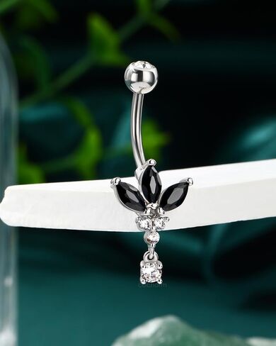 COCHARM Black Lotus Belly Button Rings, 14G Gold Dangle Belly Navel Rings for Women, Stainless Steel Belly Navel Piercing Jewelry in Kuwait