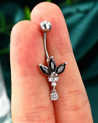 COCHARM Black Lotus Belly Button Rings, 14G Gold Dangle Belly Navel Rings for Women, Stainless Steel Belly Navel Piercing Jewelry in Kuwait