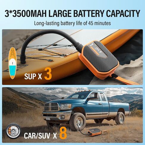 Towertop 10500mAh Paddle Board Board Pump -50psi قابلة لإعادة الشحن SUP/CAR PUMP مرحلة مزدوجة (التضخم والانحراف) مع مروحة التبريد ، 8 فوهات ، شاشة HD LCD - للوحات المجداف ، التضخم ، قوارب الكاياك ، السيارة in Kuwait