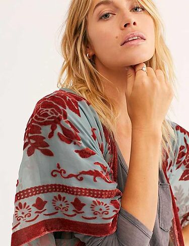Wehello Women's Burnout Velvet Kimono Cardigan Cools Up with Tassel Beige in Kuwait