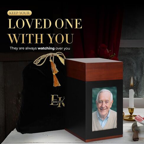 Wooden Urn for Human Ashes – Handcrafted Memorial Box with Photo Frame – Large Capacity Urn (270 lbs) with Velvet Bag – Beautiful Tribute Keepsake for Loved Ones in Kuwait