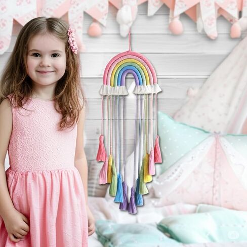 Rainbow Macrame Wall Hanging - Hand-Woven Cotton Tassel Tapestry Decor for Baby Room, Nursery, and Home Decor (Pink Rainbow) in Saudi Arabia