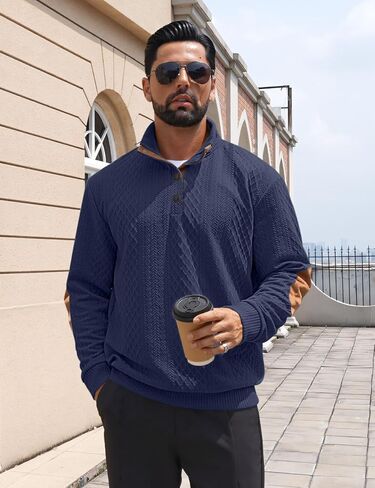 Men's Casual Sweatshirt Pullover Sweater Casual Long Sleeve Stand Collar Quarter Button Sweaters in Kuwait