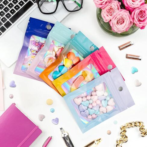 Funfery 100 Pack Back Tradient Hololographic Facs ، أكياس قابلة للاستمتاع Mylar مع سحاب ، حقيبة تغليف النوافذ الصافية ، حقيبة إحباط للرائحة لتخزين الطعام ، عينة من أكياس المجوهرات (2.7 × 3.9 بوصة ، أزرق أرجواني) in Kuwait