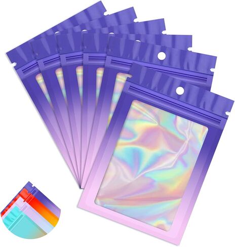 Funfery 100 Pack Back Tradient Hololographic Facs ، أكياس قابلة للاستمتاع Mylar مع سحاب ، حقيبة تغليف النوافذ الصافية ، حقيبة إحباط للرائحة لتخزين الطعام ، عينة من أكياس المجوهرات (2.7 × 3.9 بوصة ، أزرق أرجواني) in Kuwait