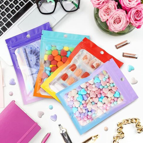 Funfery 100 Pack Back Tradient Hololographic Facs ، أكياس قابلة للاستمتاع Mylar مع سحاب ، حقيبة تغليف النوافذ الصافية ، حقيبة إحباط للرائحة لتخزين الطعام ، عينة من أكياس المجوهرات (2.7 × 3.9 بوصة ، أزرق أرجواني) in Kuwait