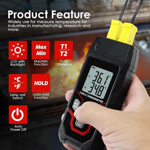 مقياس حرارة حراري رقمي ثنائي القناة K -Type Type مع تحقيقات حرارية من نوع 4 K ، -328 ~ 2501 ℉ Termocouple Tester مع شاشة الإضاءة الخلفية LED in Kuwait