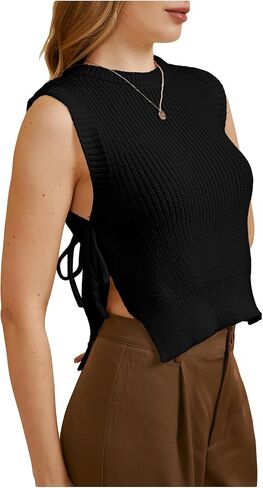 MakeMeChic Women's Tie Side Split Hem Crochet Knitted Sweater Vest Sleeveless Crew Neck Sweaters Tank Top in Saudi Arabia
