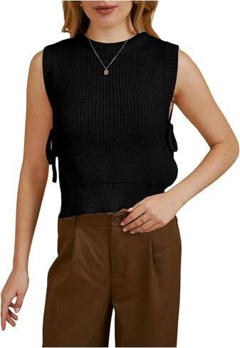 MakeMeChic Women's Tie Side Split Hem Crochet Knitted Sweater Vest Sleeveless Crew Neck Sweaters Tank Top in Saudi Arabia