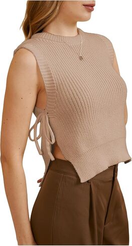 MakeMeChic Women's Tie Side Split Hem Crochet Knitted Sweater Vest Sleeveless Crew Neck Sweaters Tank Top in Saudi Arabia