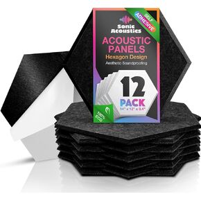 مجموعة من 12 لوحة صوتية سداسية ذاتية اللصق من Sonic Acoustics، مقاس 35.56 سم × 30.48 سم × 0.4 سم، ألواح ممتصة للصوت عالية الكثافة وعازلة للصوت، بلاط معالج بحافة مشطوفة باللون الأبيض in Kuwait