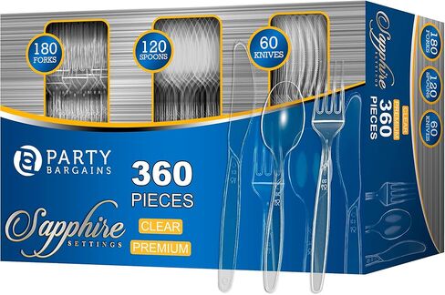 Party Bargains Disposable Cutlery set, SAPPHIRE Design, Clear Color, 360 Pieces: 180 Forks, 120 Spoons, 60 Knives in Kuwait