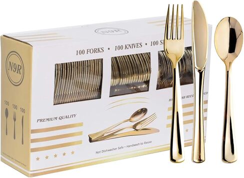 N9R 300PCS Gold Plastic Silverware, Heavy Duty Gold Plastic Cutlery Set Disposable Flatware Dinnerware, 100 Forks, 100 Spoons, 100 Knives, Perfect for Party, Wedding and Daily Use in Kuwait