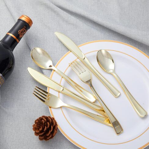 N9R 300PCS Gold Plastic Silverware, Heavy Duty Gold Plastic Cutlery Set Disposable Flatware Dinnerware, 100 Forks, 100 Spoons, 100 Knives, Perfect for Party, Wedding and Daily Use in Kuwait